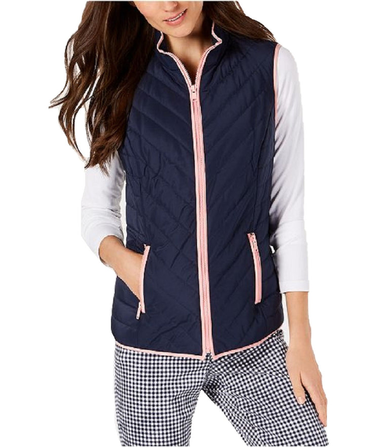 Charter Club Women's Contrast-Trim Zip-Front Vest Blue Size Extra Large