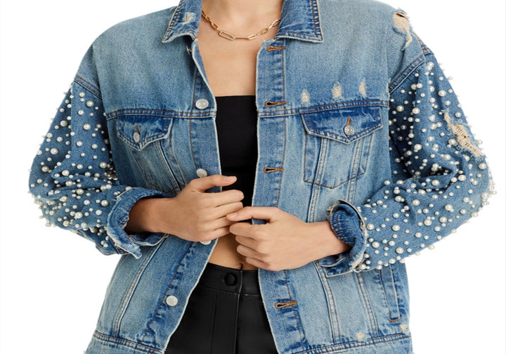 Exclusive Embellished Distressed Denim Jacket Blue