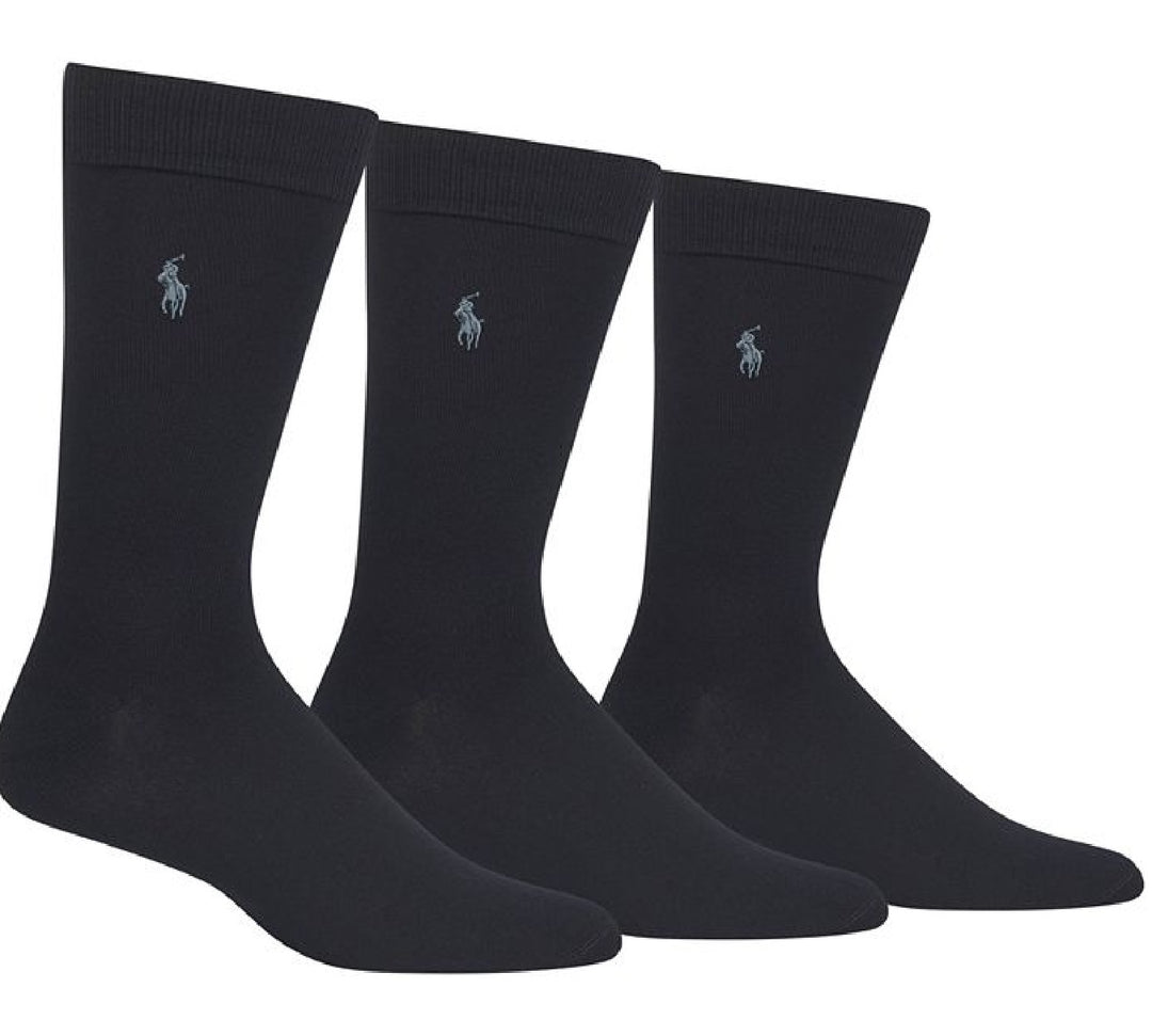 Polo Ralph Lauren Men's 3 Pack Solid Supersoft Embroidered Logo Dress Crew Socks Black Size 13-16