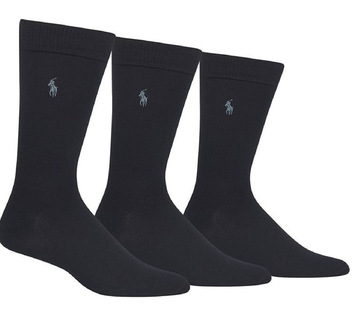 Polo Ralph Lauren Men's 3 Pack Solid Supersoft Embroidered Logo Dress Crew Socks Black Size 13-16