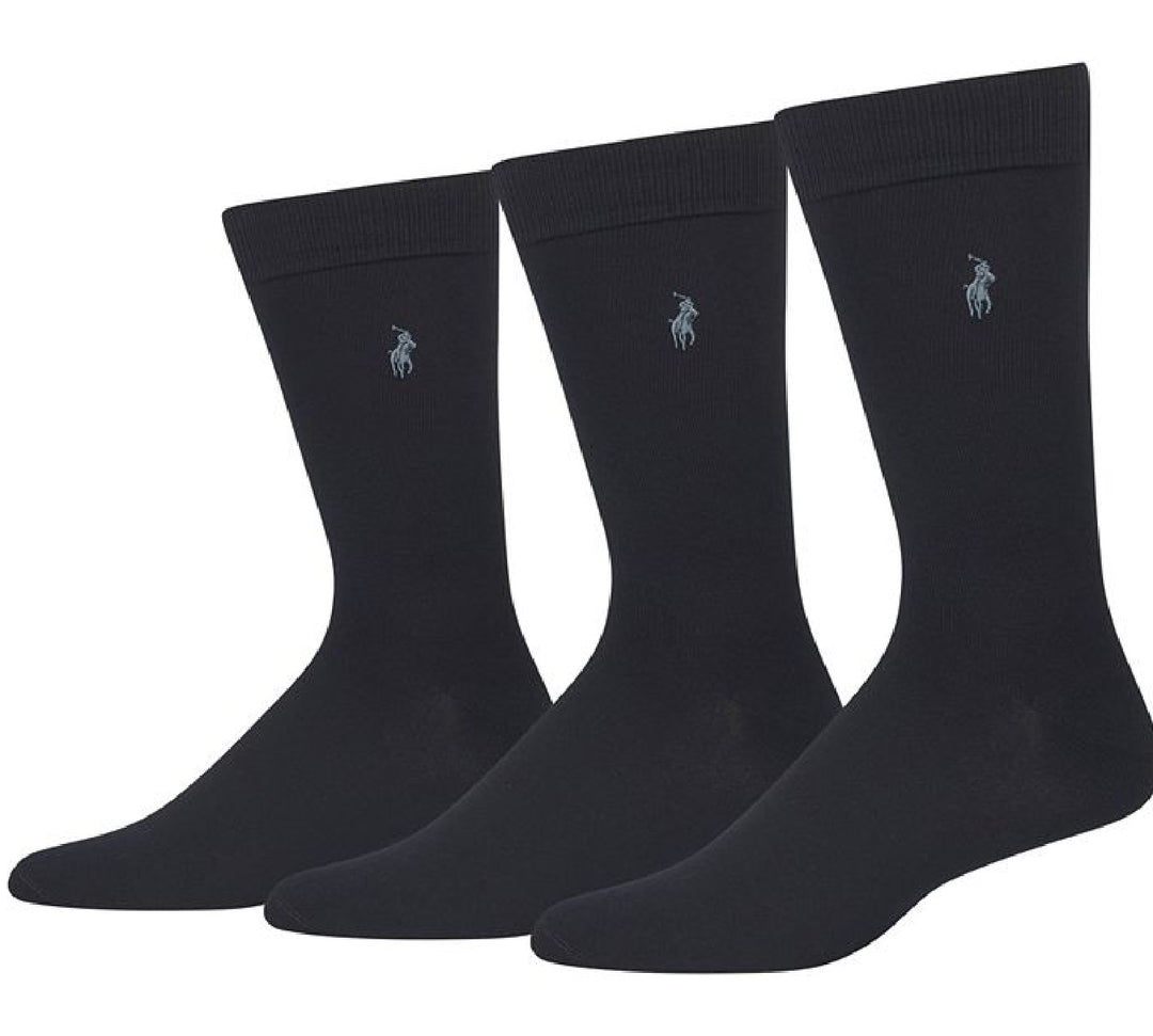 Polo Ralph Lauren Men's 3 Pack Solid Supersoft Embroidered Logo Dress Crew Socks Black Size 13-16