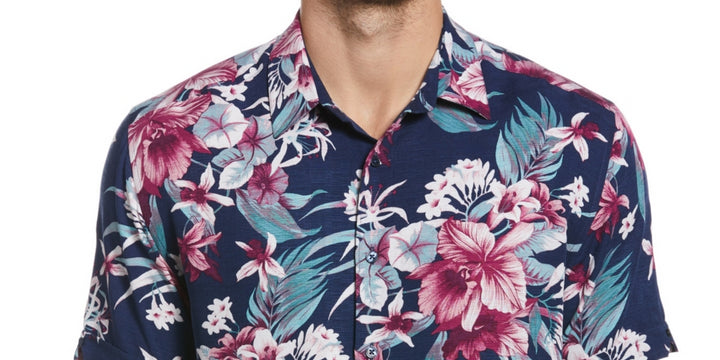 Cubavera Men's Floral Print Textured Short Sleeve Shirt Blue Size Medium