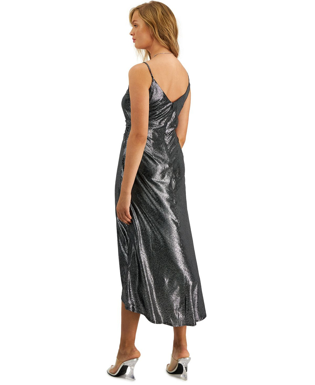 Bar III Women's Shimmering Metallic Faux Wrap Style Dress Silver Size XL