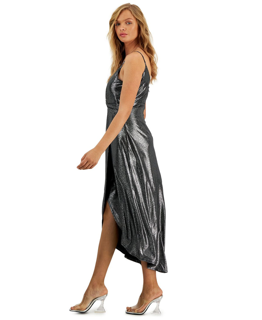 Bar III Women's Shimmering Metallic Faux Wrap Style Dress Silver Size XL