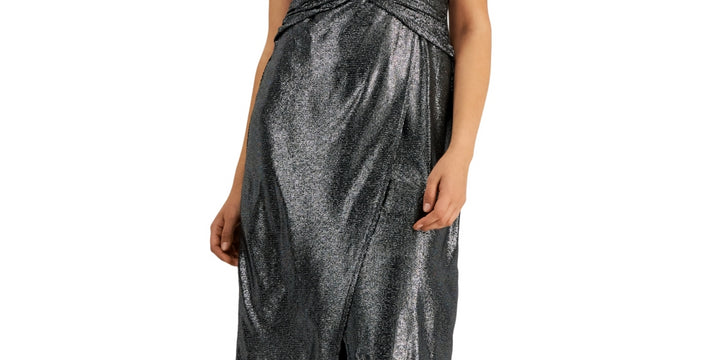 Bar III Women's Shimmering Metallic Faux Wrap Style Dress Silver Size XL