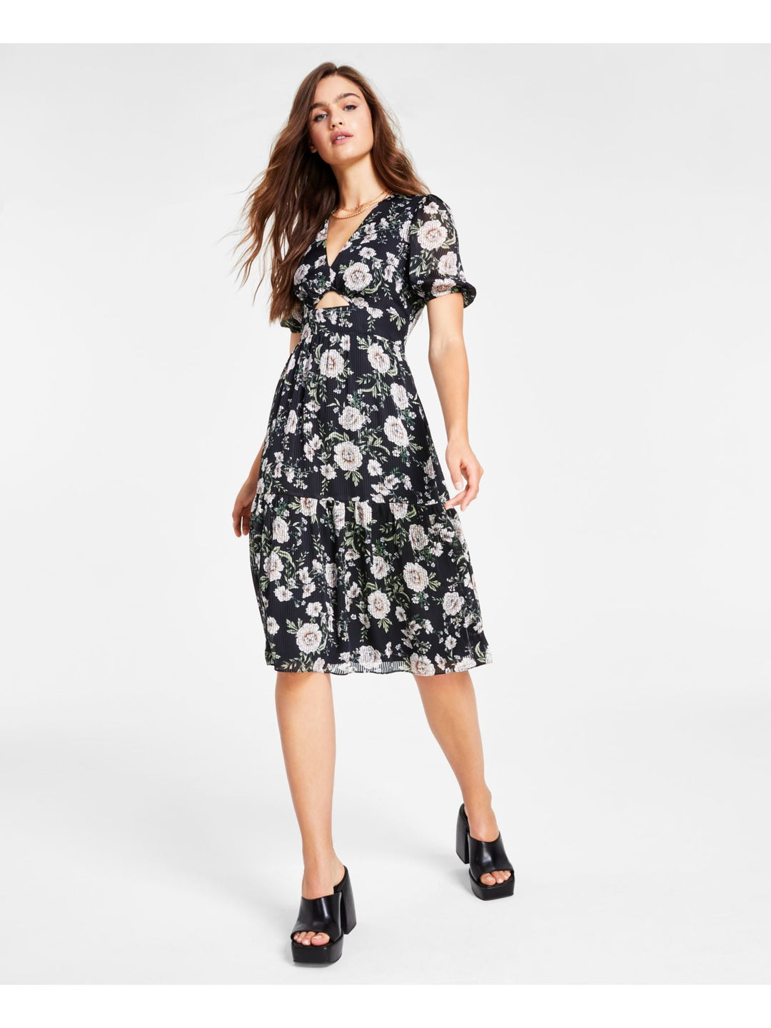 Bar III Women's Floral Print Cutout Dress Black