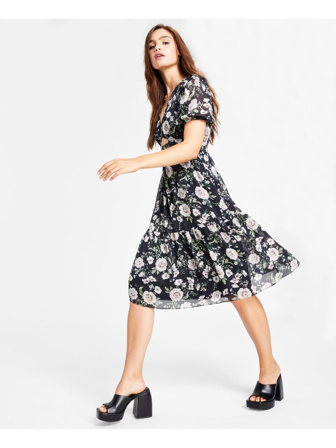 Bar III Women's Floral Print Cutout Dress Black