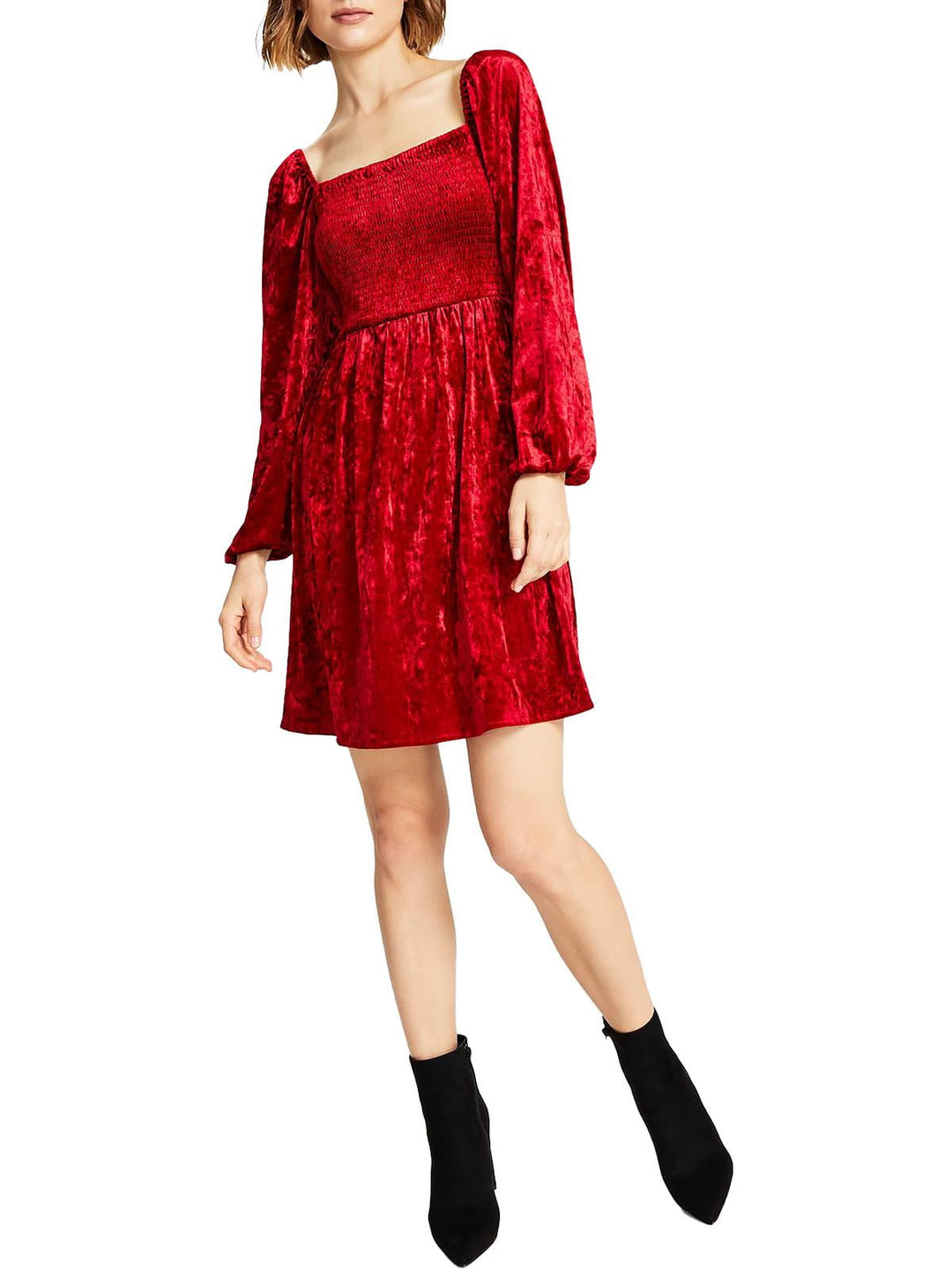 Bar III Women's Velvet Smocked Long Sleeve Dress Red  Size Small