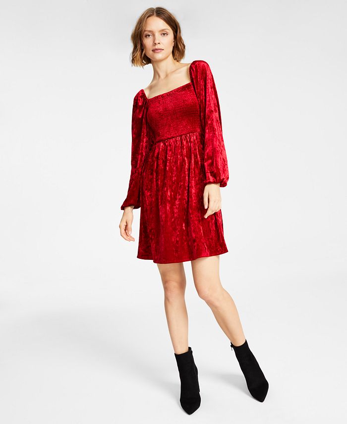 Bar III Women's Velvet Smocked Long Sleeve Dress Red  Size X-Large