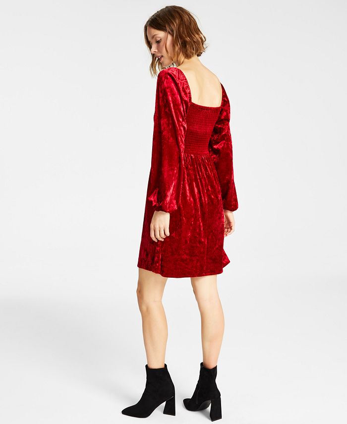 Bar III Women's Velvet Smocked Long Sleeve Dress Red