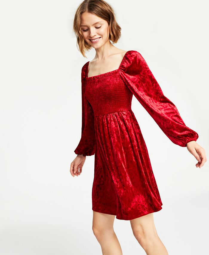 Bar III Women's Velvet Smocked Long Sleeve Dress Red  Size X-Large