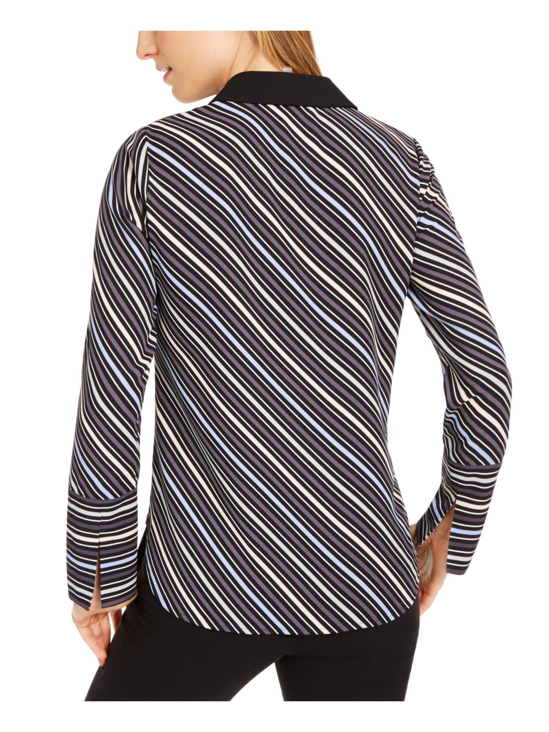 Anne Klein Women's Striped Long Sleeve Collared Top Gray Size X-Small