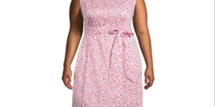 Anne Klein Women's Zippered Tie Floral Sleeveless Boat Neck Above The Knee Fit Flare Dress Pink Size 18W