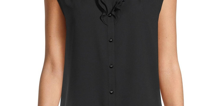 Anne Klein Women's Ruffled Sleeveless Split Blouse Top Black Size X-Large