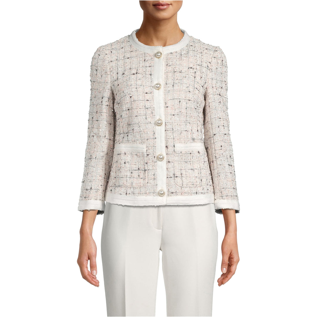 Anne Klein Women's Tweed Five Button Blazer Jacket White Size 12