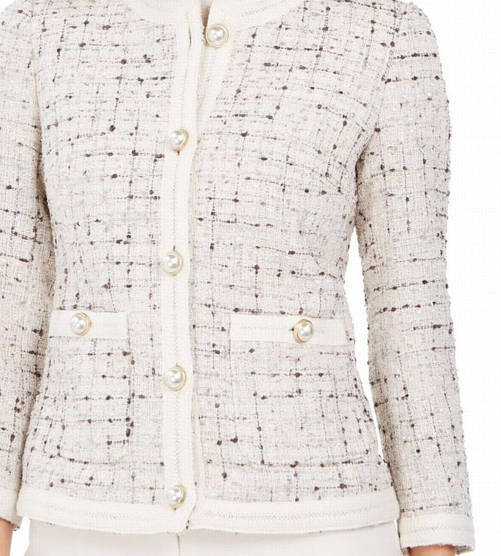 Anne Klein Women's Tweed Five Button Blazer Jacket White Size 12