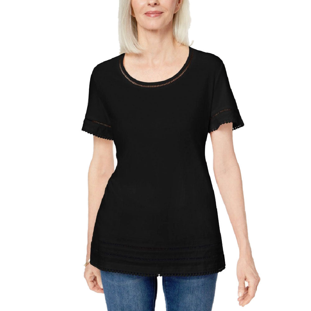 Karen Scott Women's Ladder Inset T Shirt Deep Black Size Large