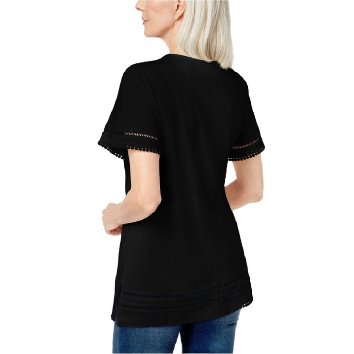Karen Scott Women's Ladder Inset T Shirt Deep Black Size Large