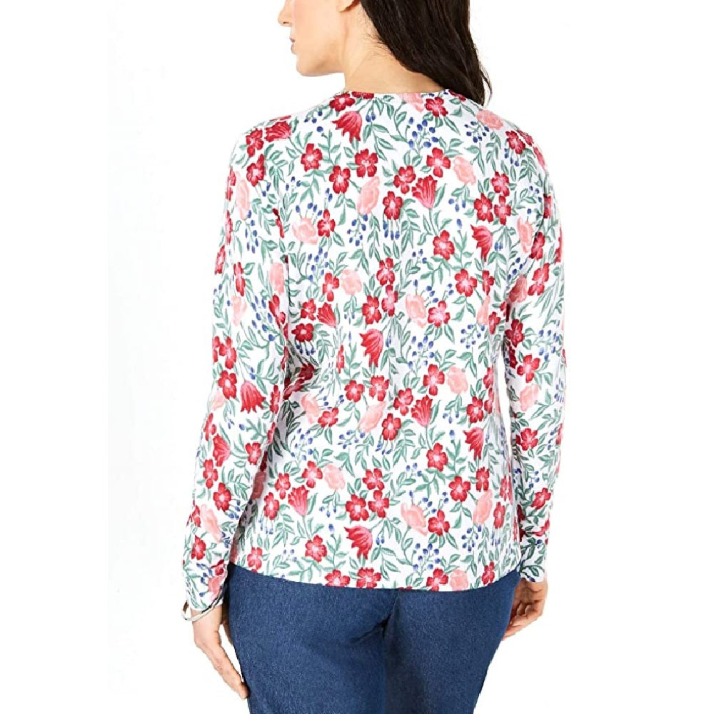 Karen Scott Women's Floral-Print Cardigan Bright White Combo Size Small