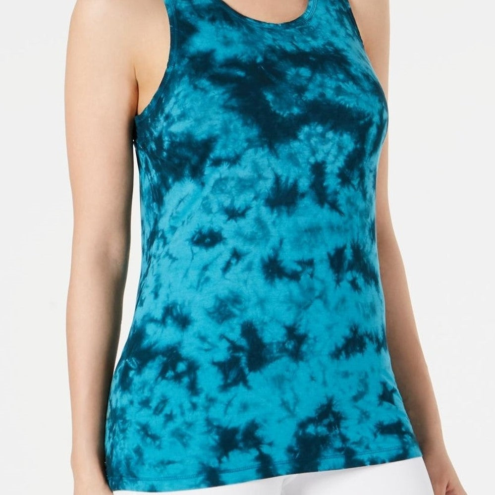 Ideology Women's Tie-Dyed Lattice-Back Tank Top Jade Vine Blue Size Extra Small