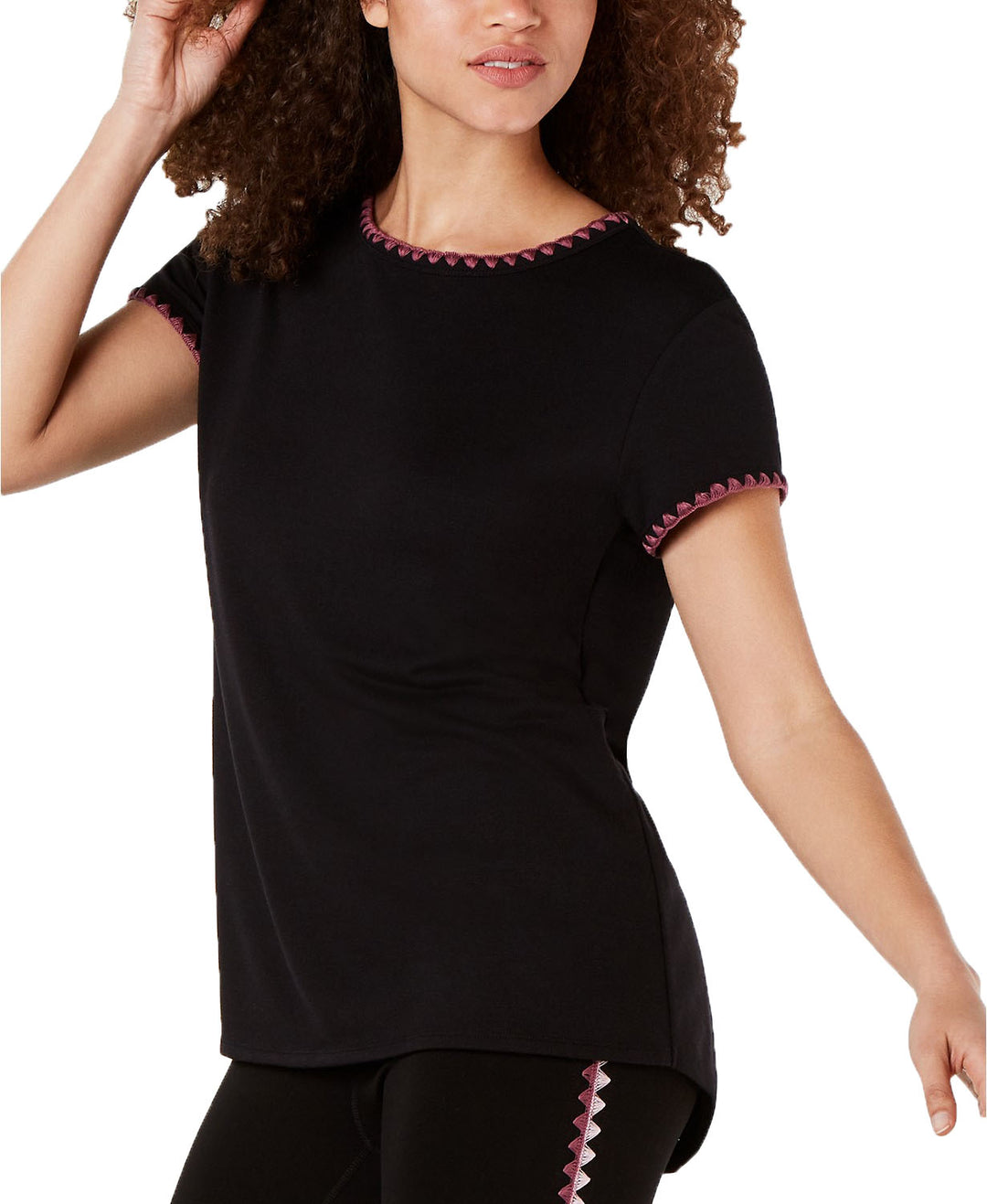 Ideology Women's Blanket-Stitch Drop-Hem T-Shirt Black