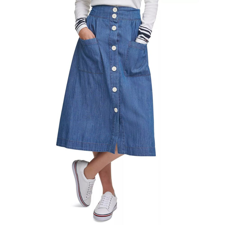 Tommy Hilfiger Women's Chambray Midi Skirt Blue Size X-Small