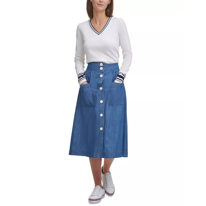 Tommy Hilfiger Women's Chambray Midi Skirt Blue Size X-Small