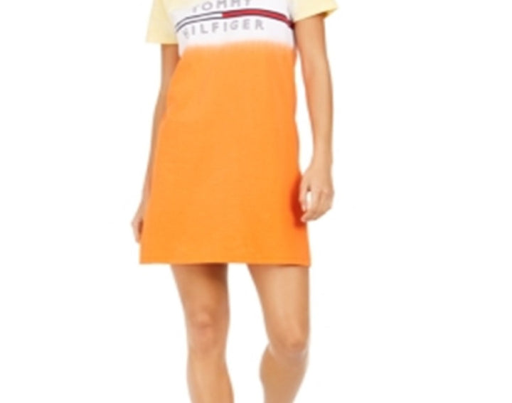 Tommy Hilfiger Women's Tie Dye Ombre Logo T-Shirt Dress Yellow Size Medium