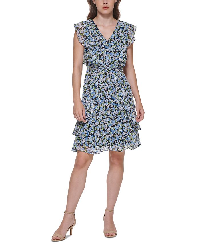 Tommy Hilfiger Women's Floral Cap Sleeve Above The Knee Fit Flare Dress Blue Size 8