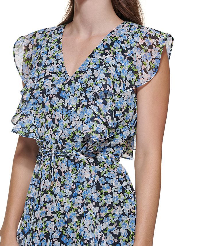 Tommy Hilfiger Women's Floral Cap Sleeve Above The Knee Fit Flare Dress Blue Size 8