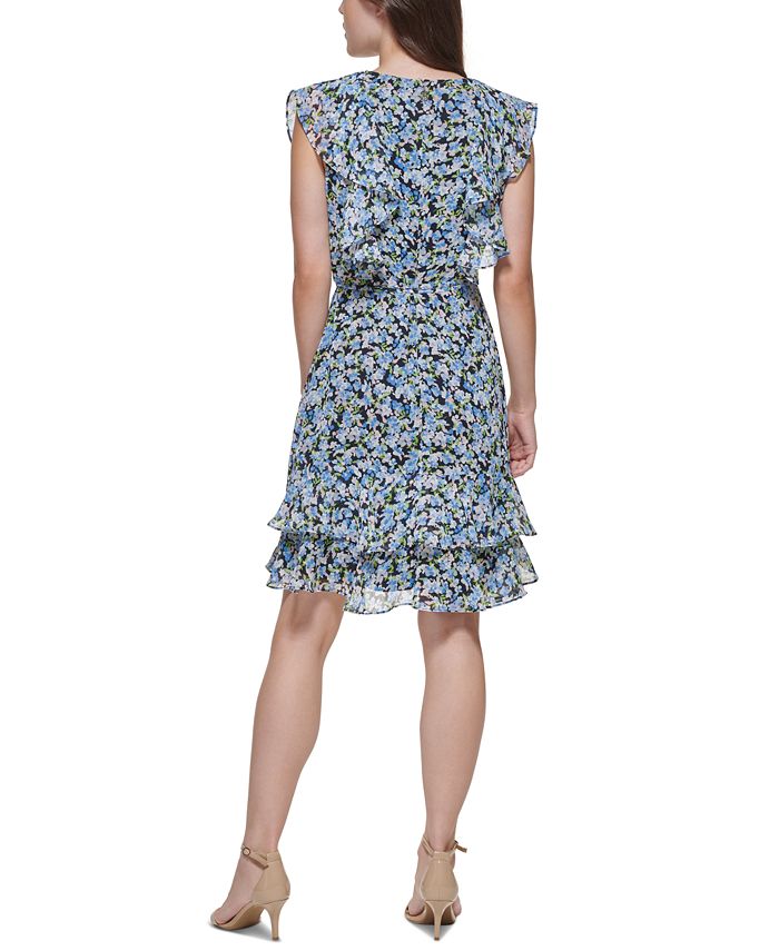 Tommy Hilfiger Women's Floral Cap Sleeve Above The Knee Fit Flare Dress Blue Size 8