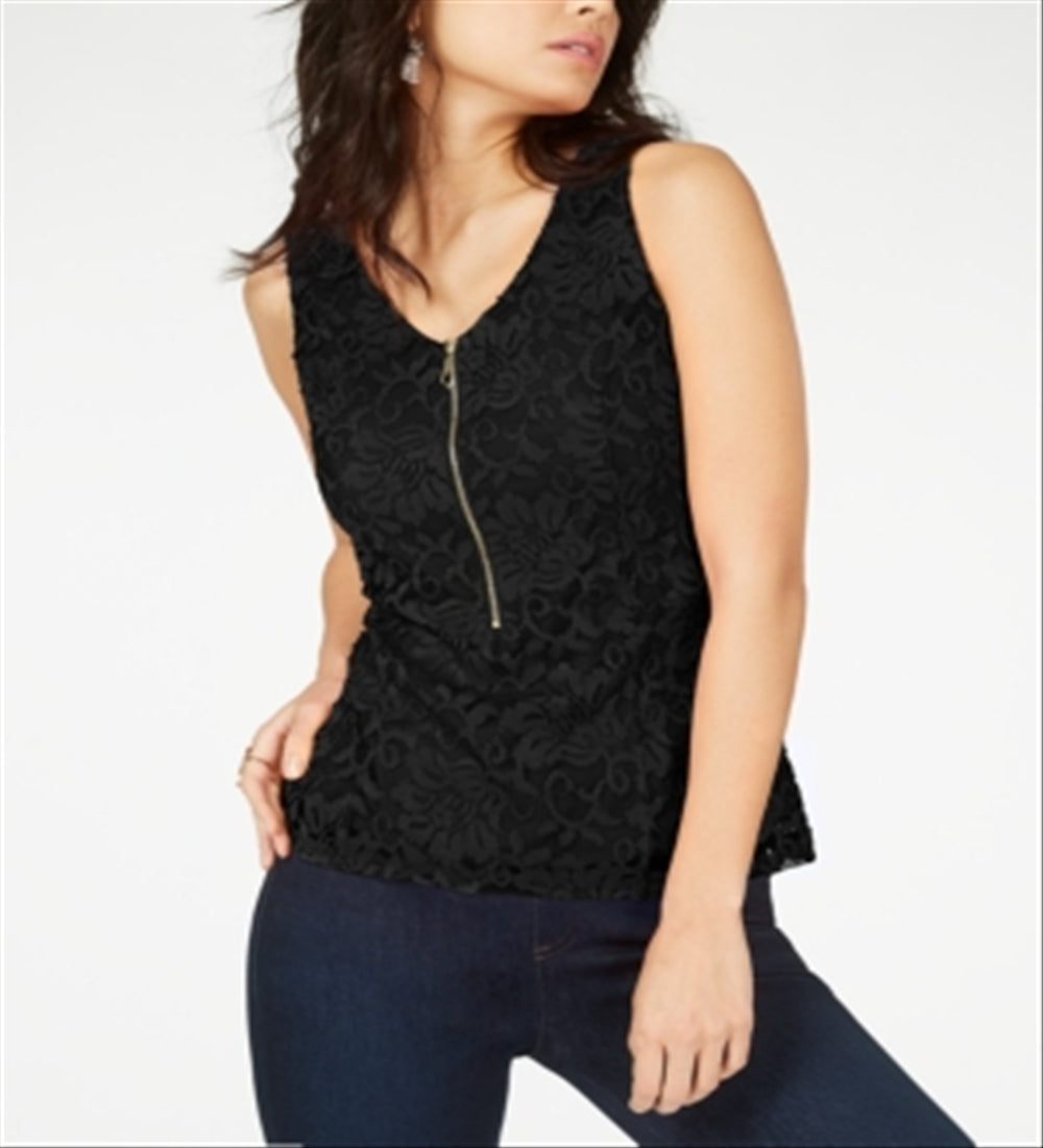 Thalia Sodi Women's Lace Zipper Front Top Black Size X-Large