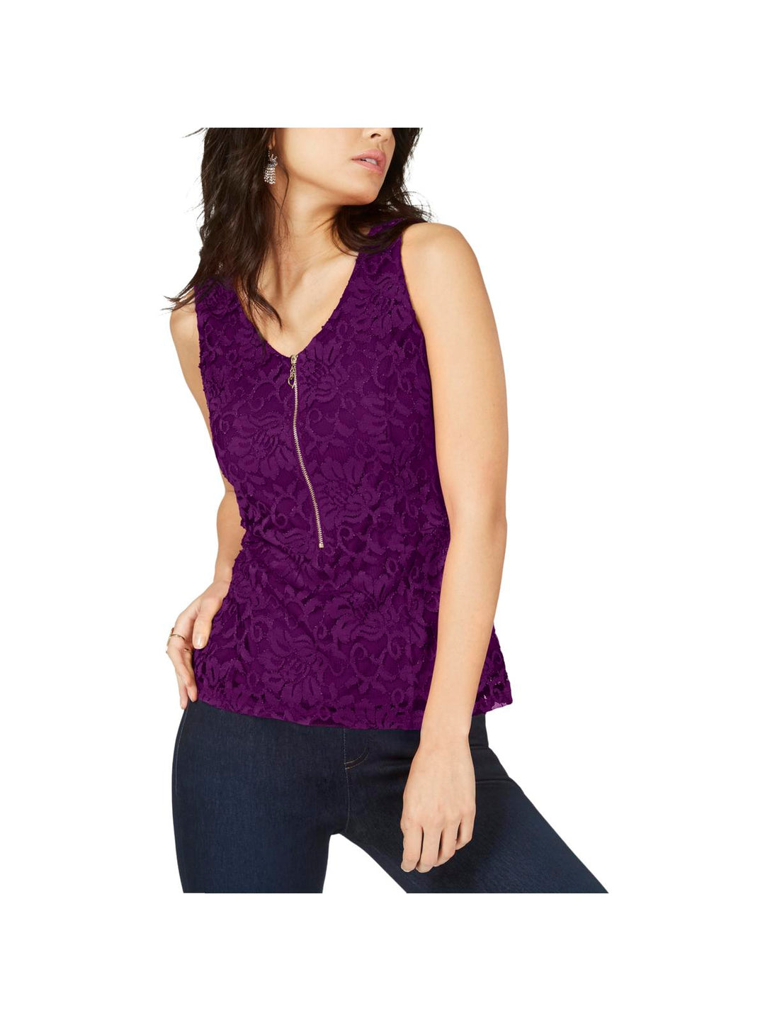Thalia Sodi Women's Lace Zipper Front Top Purple Size X-Large