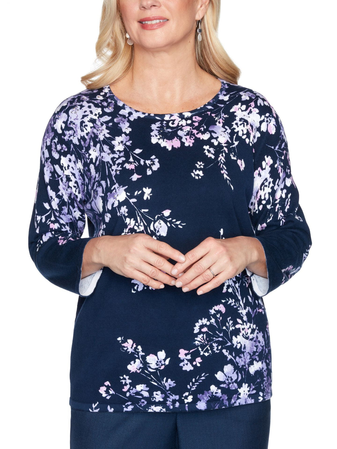 Alfred Dunner Women's Wisteria Lane Asymmetric Floral Print Sweater Blue Size 3X