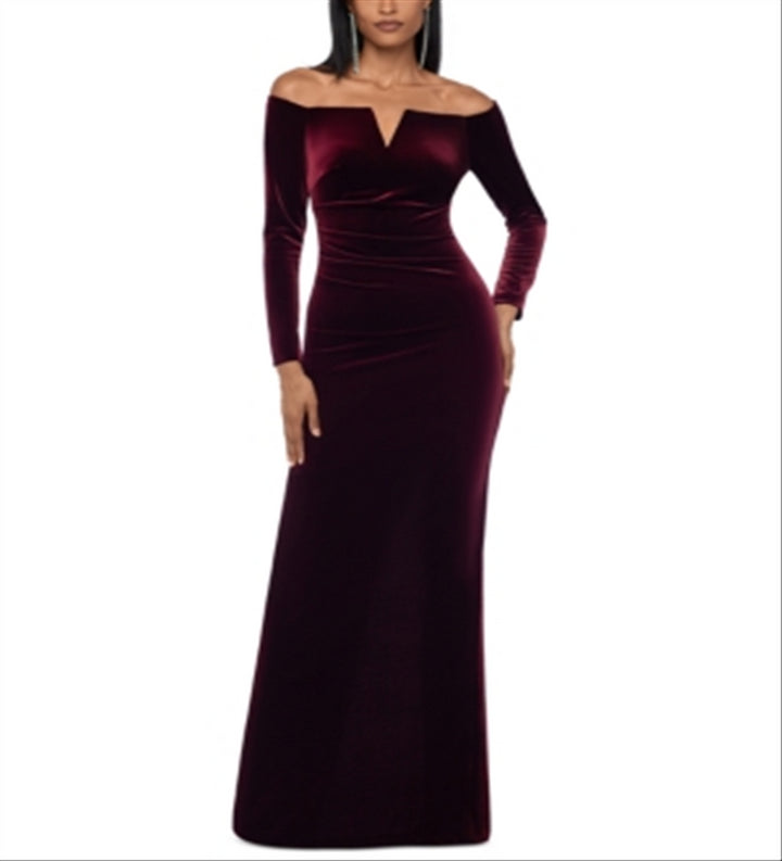 XSCAPE Women's Long Sleeve Off Shoulder Full Length Sheath Evening Dress Red Size 4