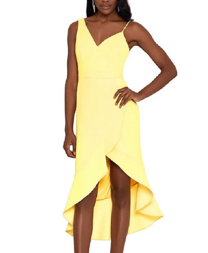 XSCAPE Women's Ruffled High Low Midi Sheath Dress Yellow Size 6