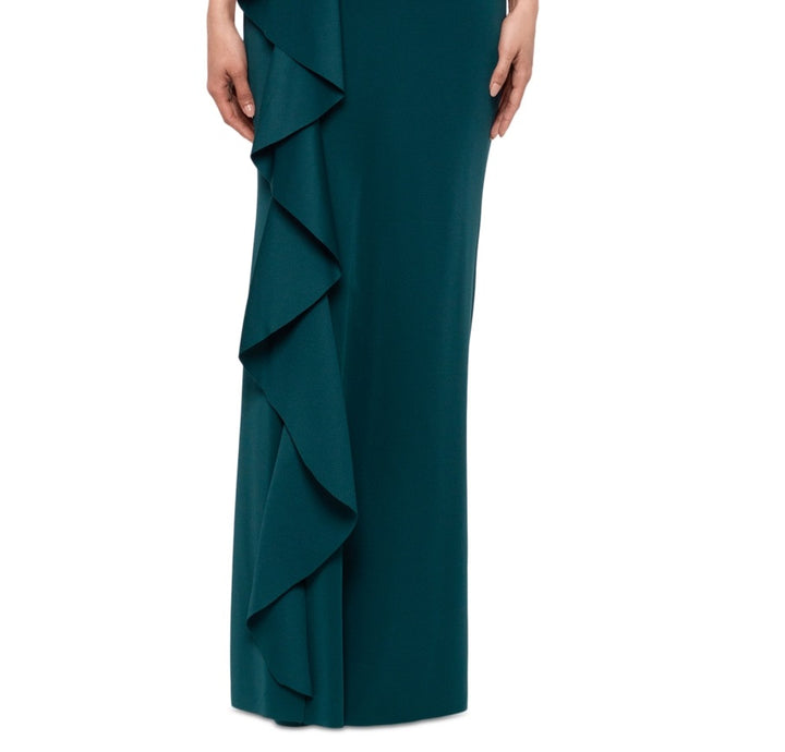 XSCAPE Women's Ruffled Scuba Short Sleeve Gown Green Size 14