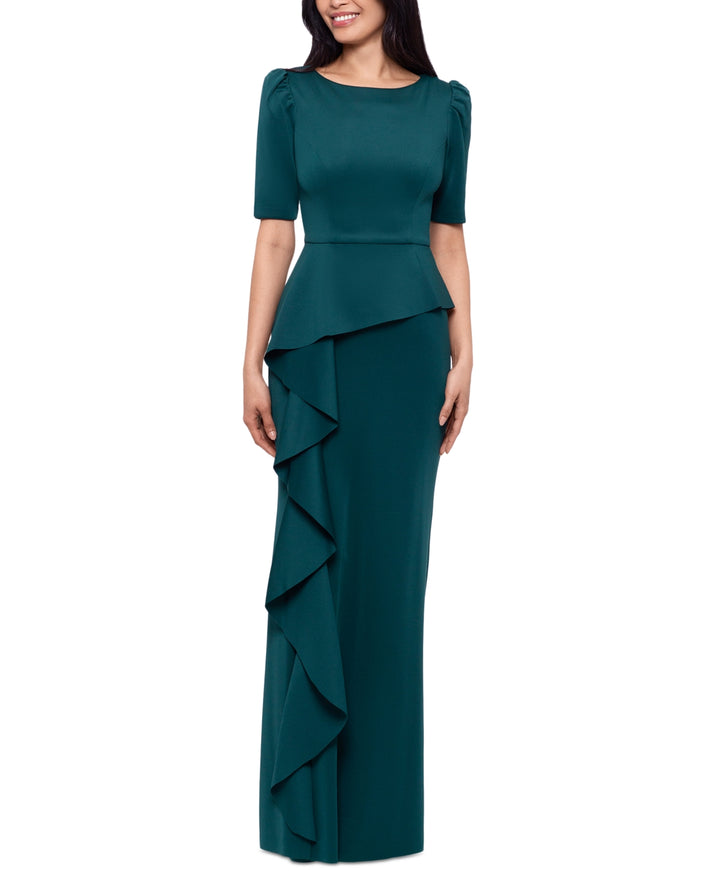 XSCAPE Women's Ruffled Scuba Short Sleeve Gown Green Size 14