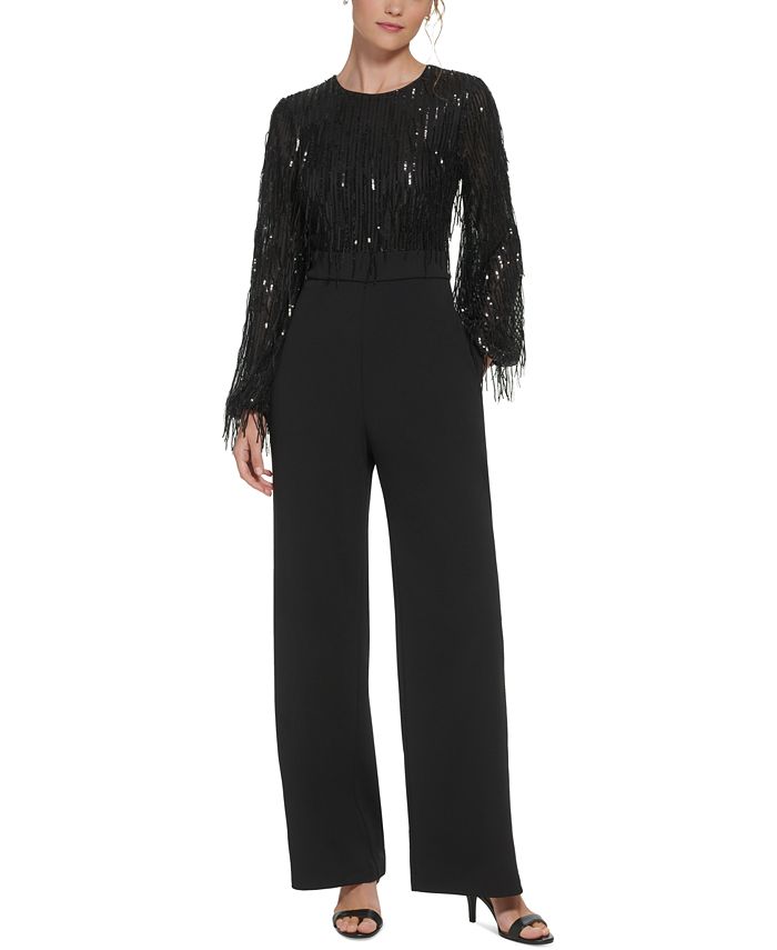 Eliza J Women's Sequined Crewneck Long-Sleeve Jumpsuit  Black Size 6