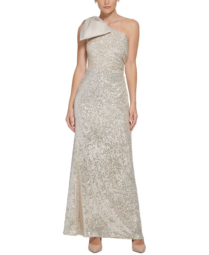 Eliza J Women's Sequin & Satin One Shoulder Gown Beige Size 8