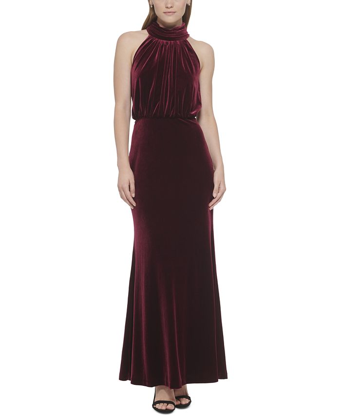 Eliza J Women's Halter Neck Blouson Sleeveless Velvet Gown Red Size 4 Petite