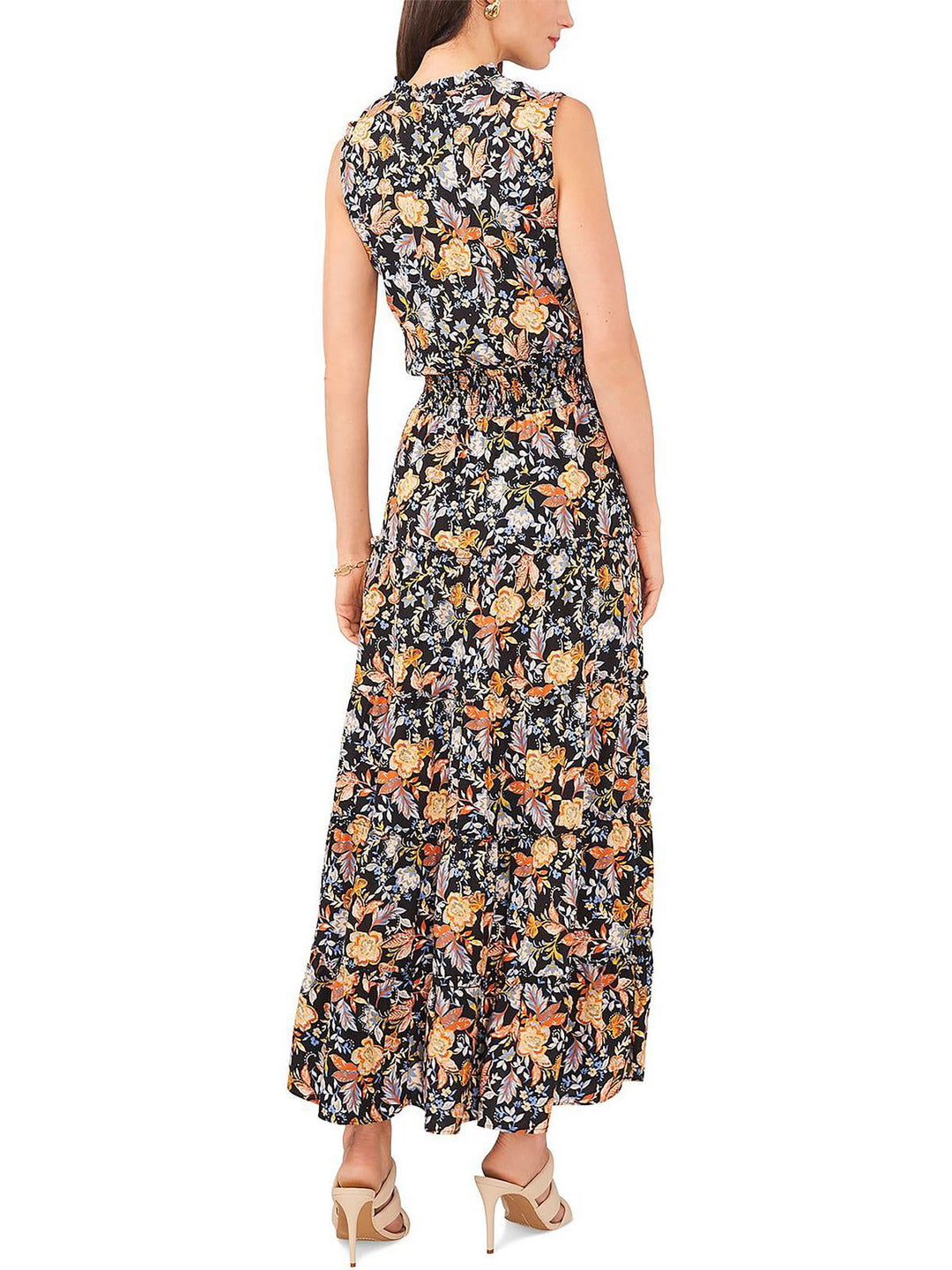 MSK Women's Floral Print Smocked Waist Tiered Maxi Dress Black Size X-Large
