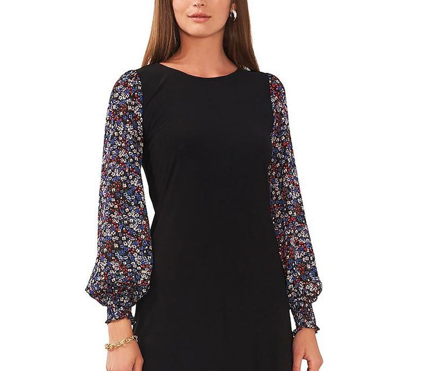 MSK Women's Printed Sleeve Smocked Cuff Shift Dress Black Size Medium
