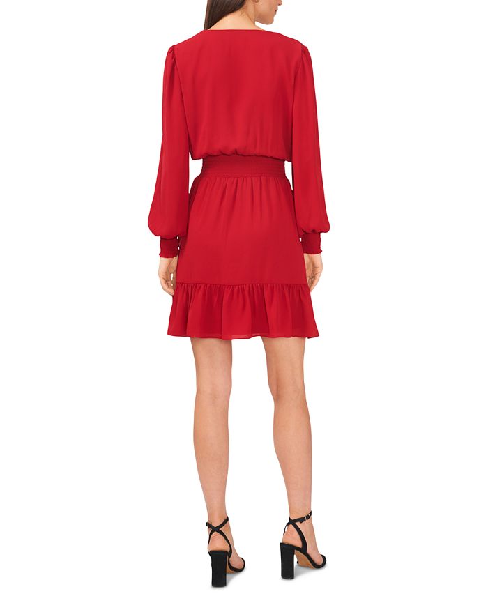 MSK Women's Solid Smocked Waist Ruffled Hem Surplice Neck Dress Red Size Small