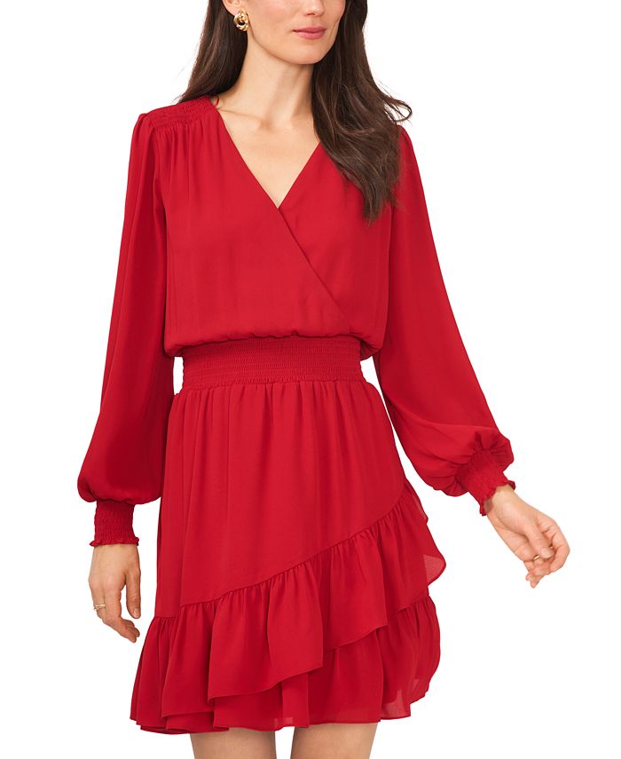 MSK Women's Solid Smocked Waist Ruffled Hem Surplice Neck Dress Red Size Small