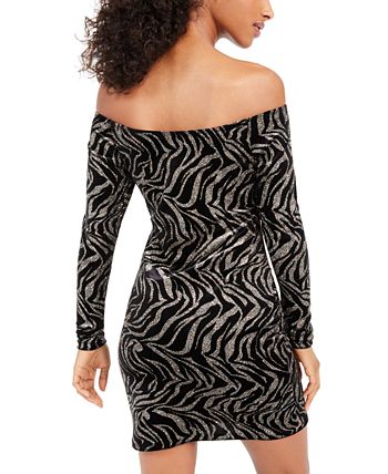 Bebe Women's Glitter Long Sleeve Off Shoulder Above The Knee Body Con Evening Dress Black Size Medium