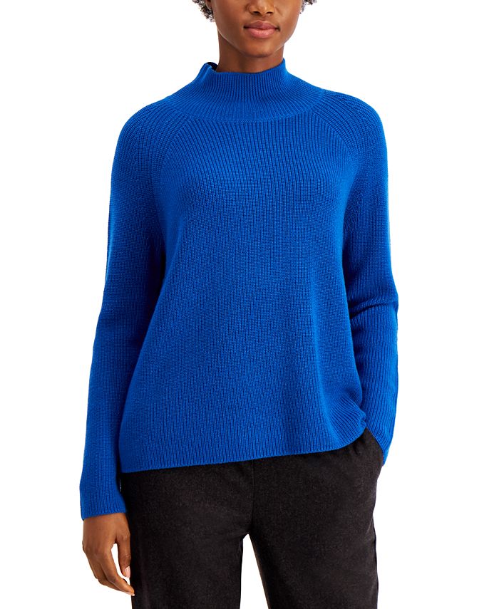 Eileen Fisher Raglan Sleeve Merino Wool Turtleneck Sweater Blue Size L