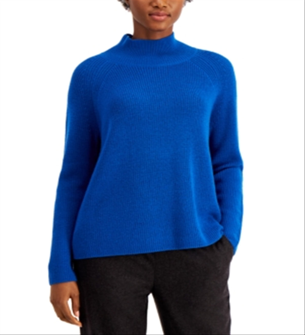 Eileen Fisher Raglan Sleeve Merino Wool Turtleneck Sweater Blue Size L