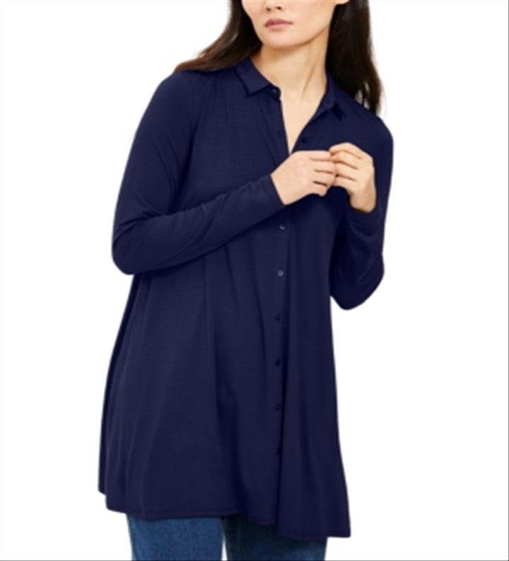 Eileen Fisher Women's Point Collar Button Up Tunic Blue Size Medium