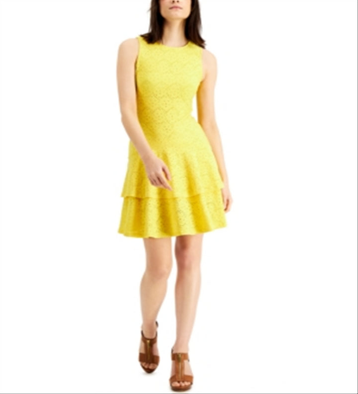 Michael Kors Women's Jacquard Floral Tiered Dress Yellow Size X-Large